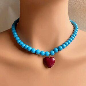 Turquoise Blue Beaded Necklace with Red Heart Pendant